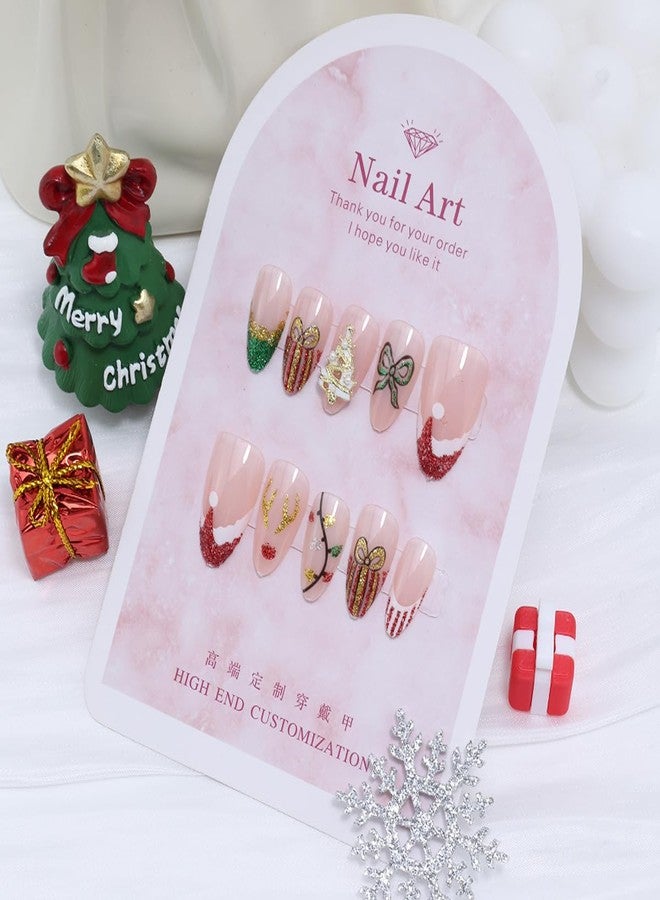 KRTBKR 24Pcs Christmas Press on Nails Short Almond Elk Fake Nails Colorful Lights Glitter Red Green Design with Xmas Tree Rhinestones Glue on Nails French Tip False Nails for Women Winter Holiday Acrylic DIY - Image 3